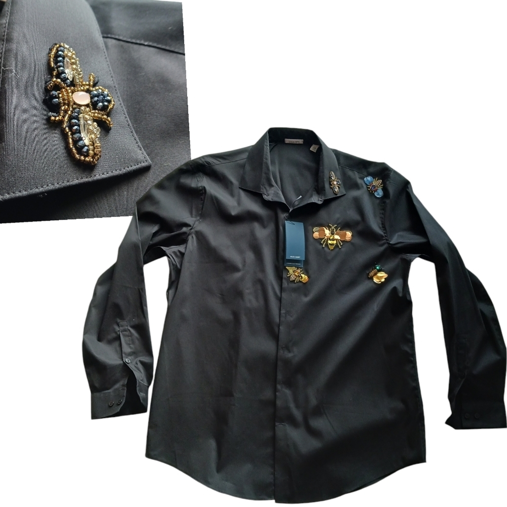 Gaga Men Black Shirt Clubwear Sequins Beaded Flex Fit 17.5 34/35